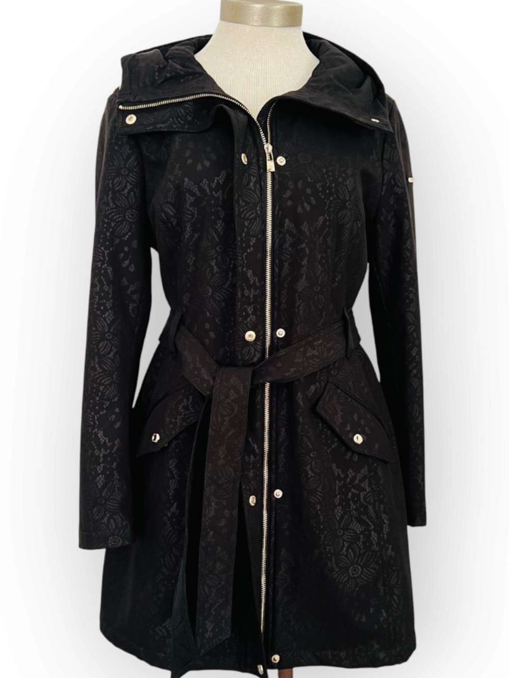 Karl Lagerfeld Paris Black Hooded Coat M Floral Jacquard Belted Gold Zip & Snaps